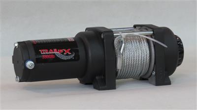 Winch TrailFX W35B TFX Winches, ATV/UTV Mounted, Recovery Winch, 250 Amp Electric, 3500 Pound Line Pull Capacity, 3/16" Diameter X 50 Foot Length Steel Cable, 4-Way Roller Fairlead, Handlebar Mounted Rocker Switch And Wired Remote Control, Integrated Sole - Young Farts RV Parts